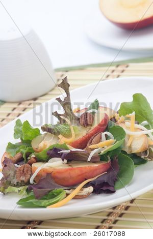 Nærbillede af salat med grillede æbler, baby spinat, pekannødder, spring mix og chedar ost serveret for 