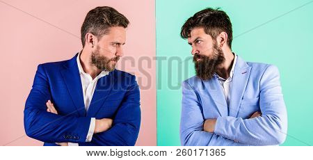 Business Partners Competitors In Suits With Tense Bearded Faces. Businessmen Stylish Appearance Jack