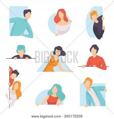 People Peeping Set, Young Men And Women Looking Out Of Windows Vector Illustration On A White Backgr