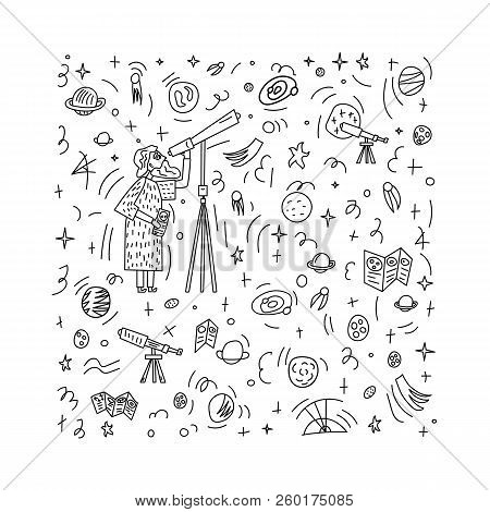 Vector Design Of Astronomer And Astronomic Objects.