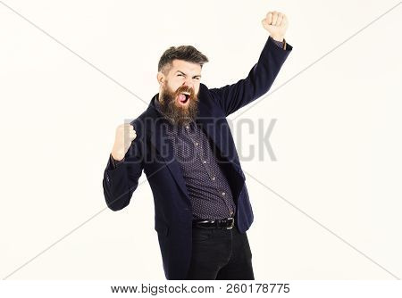 Happy Boss Cheers Profitable Deal. Businessman With Long Beard And Cheerful Face. Enterpreneur Enjoy