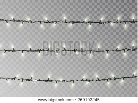 Christmas Color Lights String. Transparent Effect Decoration Isolated On Dark Background. Realistic 