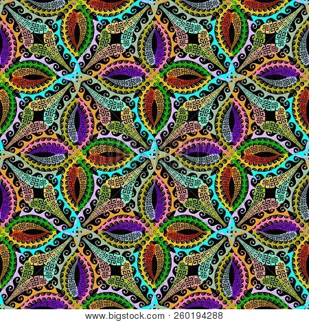 Greek Floral Colorful Paisley Seamless Pattern. Abstract Multico