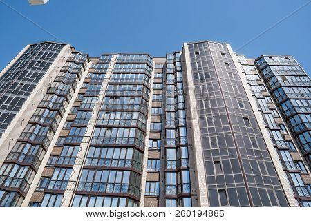 Modern And New Apartment Building. Multistoried, Modern, New And Stylish Living Block Of Flats. Real
