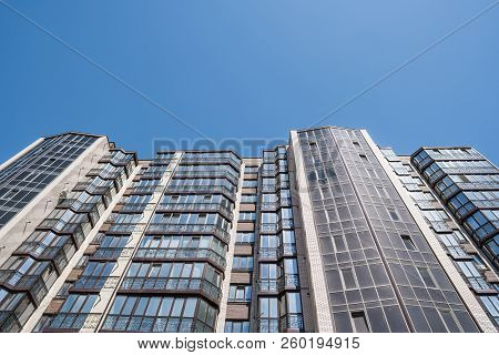 Modern And New Apartment Building. Multistoried, Modern, New And Stylish Living Block Of Flats. Real