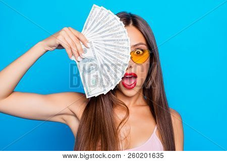 Portrait Of Nice Sweet Tender Attractive Adorable Straight-haired Girl Wearing Yellow Sunglas, Opene