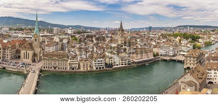 Zurich Switzerland, Aerial View Panorama City Skyline From Grossmunster