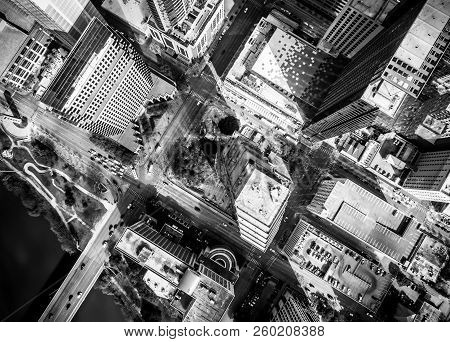 Aerial Straight Down Abstract Drone View Black And White From Above Downtown Skyline Cityscape Stree