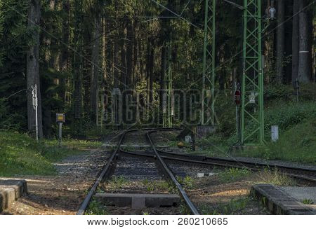 Railway Track In Rozmberk Nad Vltavou Station In Summer Day