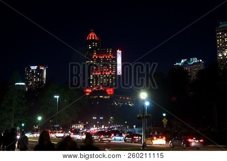Niagara Falls, Ontario, Canada - May 21st 2018: The Skylon Tower, Casino And Hotels At Niagara Falls