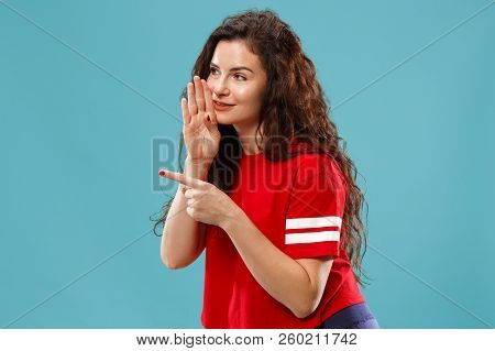 Secret, Gossip Concept. Young Woman Whispering A Secret Behind Her Hand. Business Woman Isolated On 