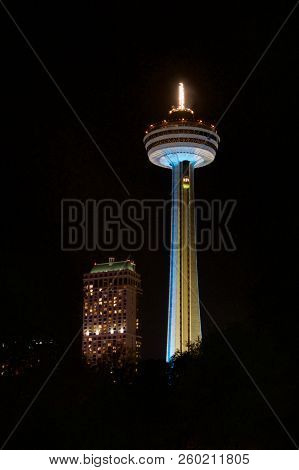 Niagara Falls, Ontario, Canada - May 21st 2018: The Skylon Tower, Casino And Hotels At Niagara Falls