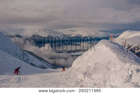 Alaska Ski Slope Looking Over The Valley Of Girdwood , Alaska An Amazing Winter Wonderland Snow Cove