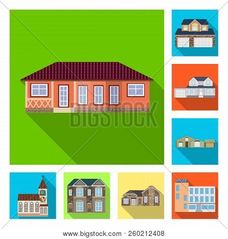 Vector Design Of Building And Front Sign. Set Of Building And Roof Stock Symbol For Web.