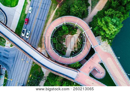 Looking Straight Down From Above Circle Pattern Pedestrian Walking Bridge In Austin , Texas Modern A