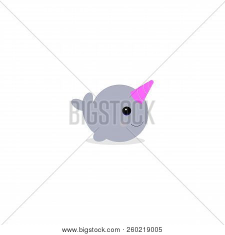 Vector Illustration. Cute Cartoon Magic Narwhal Isolated On White Background. Funny Unicorn Whale Fo