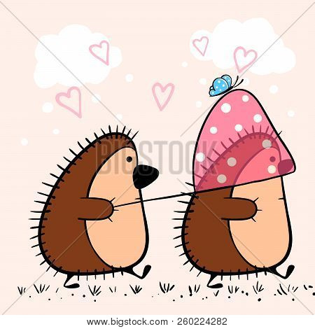 Hedgehog With Butterfly Net. Cute Iluustration For Print T-shirt. Vector Eps 10