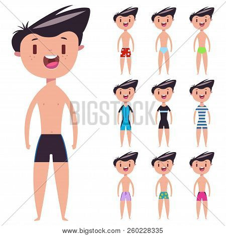 Swimsuits For Boys And Men. Vector Cartoon Flat Set Of Male Summer Swimming Trunks And Shorts Isolat