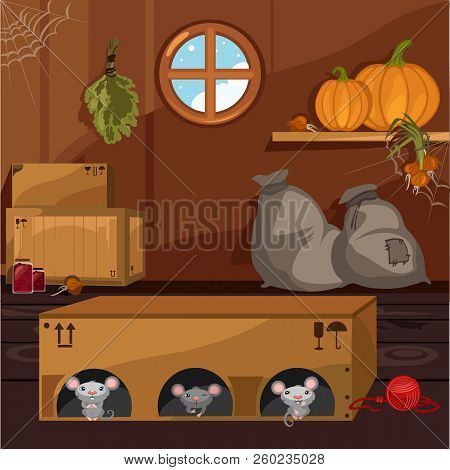 Inside The Old Farmhouse. The Home Furnishings. Mouse In A Box Arranged Holes. Vector Cartoon Close-