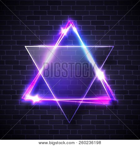 Hebrew Biblical Judaism Symbol. Israel Star. Jewish David Star Design On Blue Brick Background. Neon