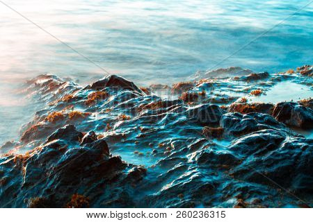 Rocks On A Wavy Sea In The Sunset