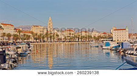 Split, Croatia - April 08 2018: Panoramic View Of The Old Historic City On A Sunny Day.