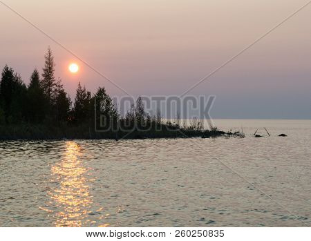 Lake Huron Landscape Sunset With Conifer Tree Silhouettes