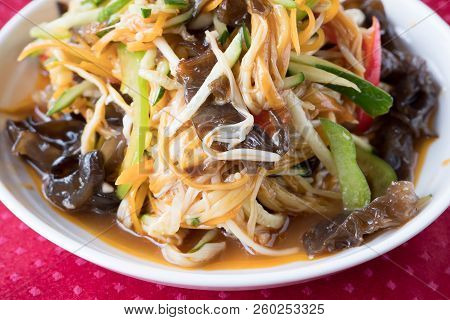 Chinese Mushroom Salad Enokitake, Black Mushrooms Muer, Cucumbers, Peppers And Sauce With Spices