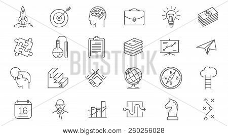 Thin Line Vector Business Process Icon Set. Flat Design Organization, Management And Marketing Strat
