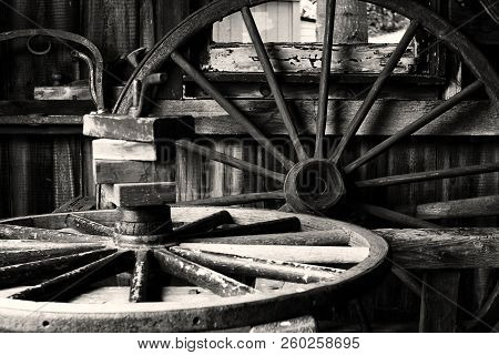 Wagon Wheels In An Old Amish Barn.