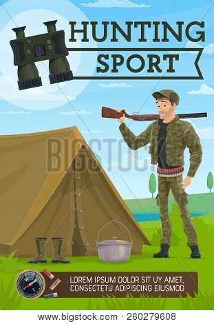 Hunting Sport, Hunter And Camping. Hunter With Rifle, Tent And Rubber Boots, Kettle And Pair Of Bino