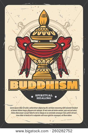 Oriental Religion Buddhism Vector Poster. Gold Monks Vessel For Food Wrapped In Ribbon. Religious Ho