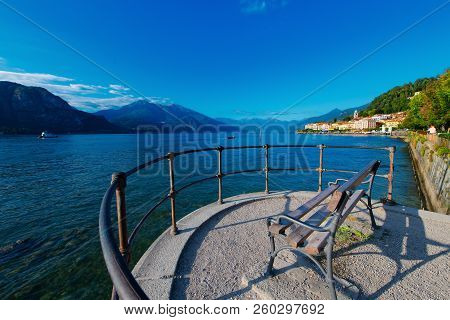 Balcony With Panoramic Bench On Lake Como In Bellagio