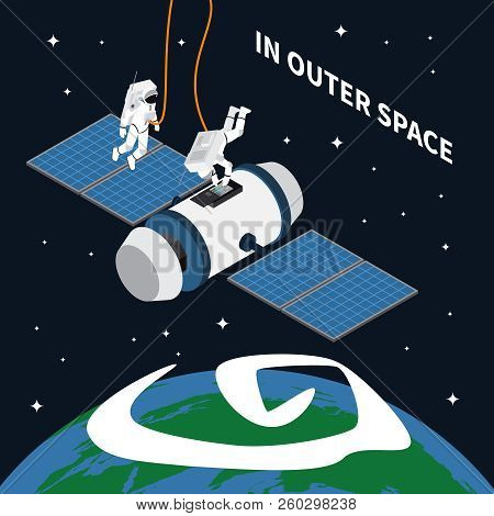 Astronaut Cosmonaut Taikonaut Isometric Composition With Space Satellite And Images Of Astronauts Re