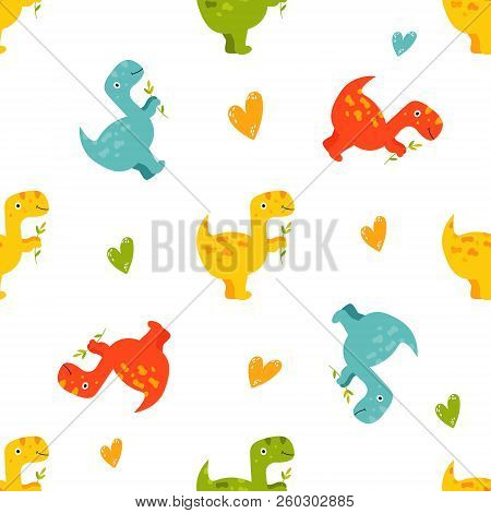 Brigt Seamless Pattern With Cute Hand Drawn Dinos