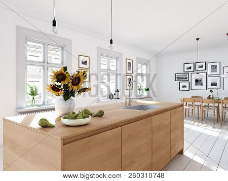 Modern Nordic Kitchen In Loft Apartment. 3d Rendering