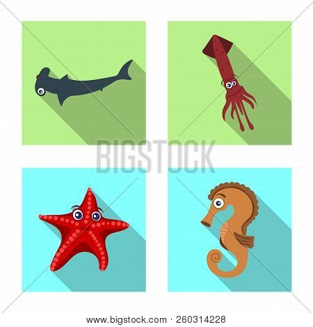 Vector Design Of Sea And Animal Sign. Collection Of Sea And Marine Stock Vector Illustration.