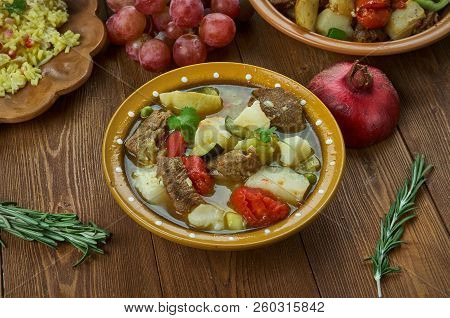 Khashlama,ooked Veggie And Lamb Stew , Armenian, Georgian Cuisine, Traditional Assorted Dishes, Top 