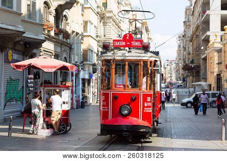 Istanbul, Turkey - August, 2018: Retro Tram On Istiklal Street. Red Tram Taksim-tunel