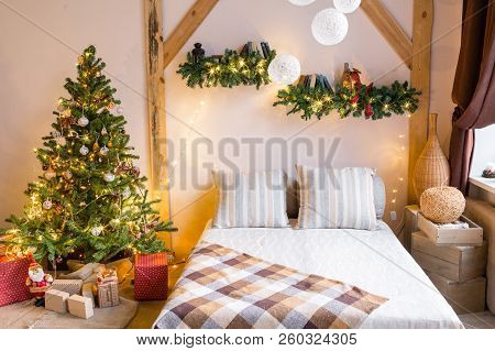 Xmas In Morning Living Room. Sofa Bed In Christmas Interior. Celebrate The New Year And Holidays.