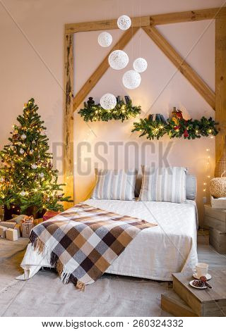 Xmas In Morning Living Room. Sofa Bed In Christmas Interior. Celebrate The New Year And Holidays.