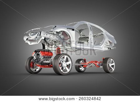 Body And Suspension Of The Car With Wheel And Engine Undercarriage With Bodycar In Detail Isolated O
