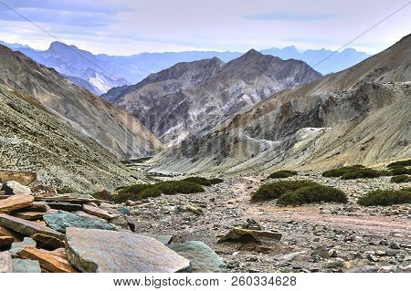 Beautiful Colorful Landscape Taken From A Gandala Pass In Himalaya Mountains In Ladakh, India.