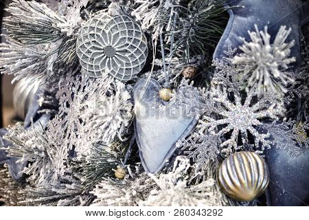 Decorative Snow-covered Christmas Tree Decorated With Decorative