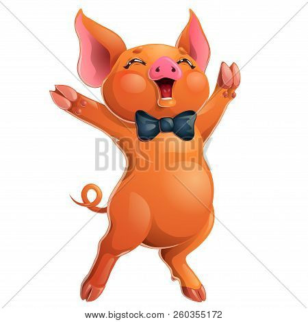 Joyful Red Pig With Bow On White