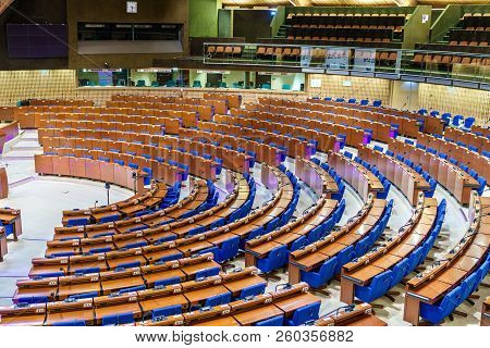 Strasbourg, France - April 13, 2018: The Hemicycle Of The Parliamentary Assembly Of The Council Of E