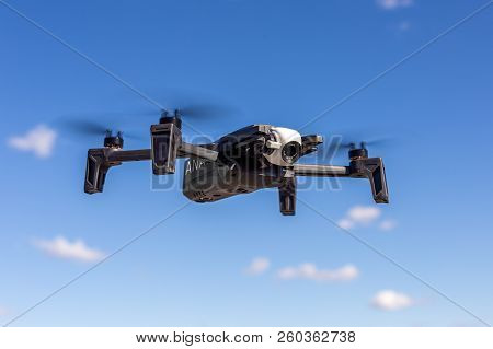 26th October 2018 - Kiev, Ukraine: New 2018 Parrot Anafi Drone Flying Against Blue Clear Sky On Back