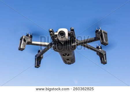 26th October 2018 - Kiev, Ukraine: New 2018 Parrot Anafi Drone Flying Against Blue Clear Sky On Back