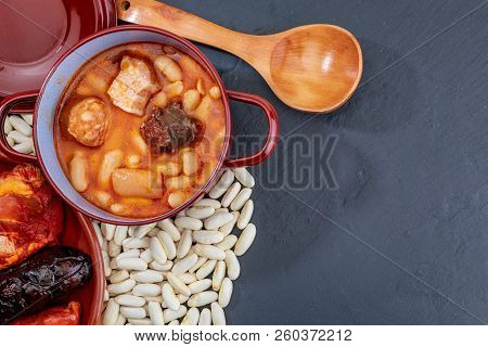 Appetizing Spoon Dish. Delicious For Autumn, Winter And All Year. Asturian Fabada, Typical Dish Of A