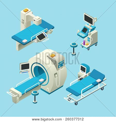 Isometric Medical Diagnostic Equipment Set. 3d Illustration Computer Tomography Ct, Magnetic Resonan